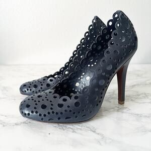 Tory Burch Verity Navy Scalloped Laser Cut Leather Stiletto Pumps 110mm size 7.5